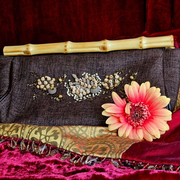 Vintage Avon Beaded Brown Fabric Bamboo Cane Handles Clutch - Picture 1 of 6